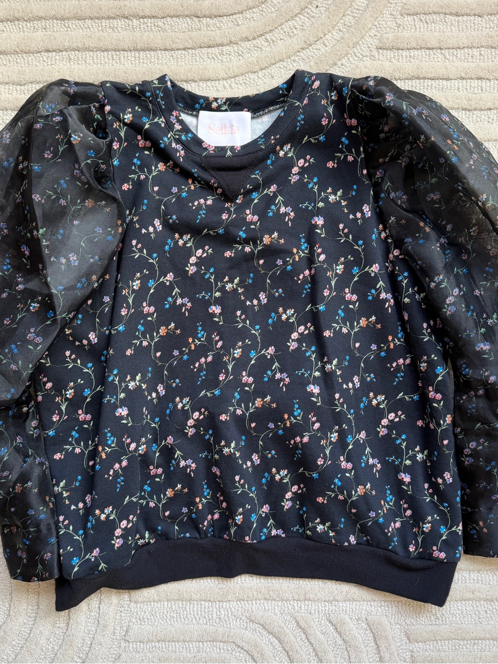 Selkie Black Floral Puff-Sleeve Sweatshirt Midnight Vine